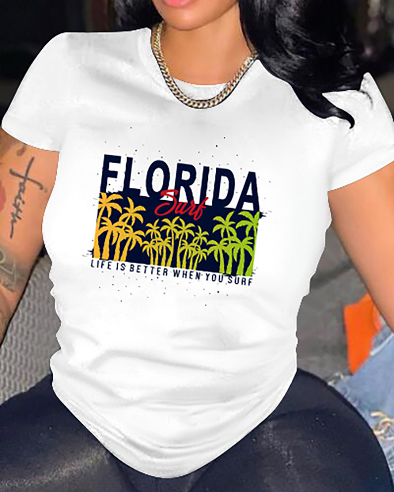 

Short Sleeve Landscape Letter Print T-shirt, White