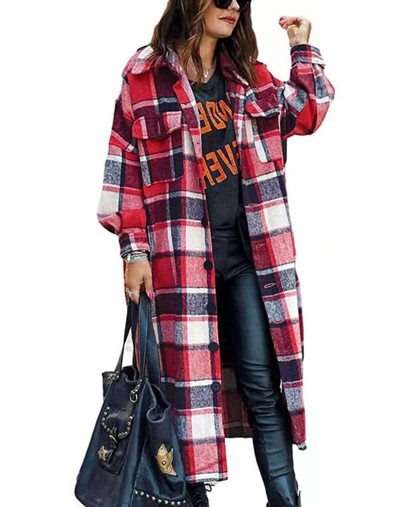 

Plaid Print Lantern Sleeve Longline Shacket, Red