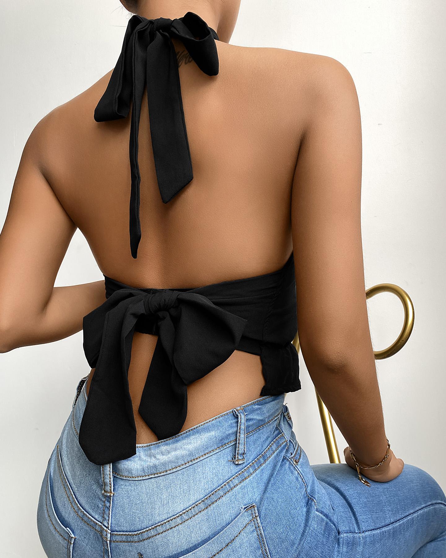 

Halter Tied Detail Backless Crop Top, Black