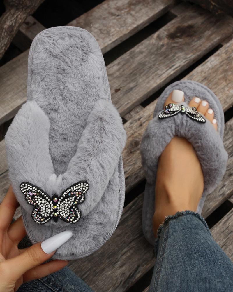 

Rhinestone Butterfly Pattern Toe Post Flip Flops, Gray