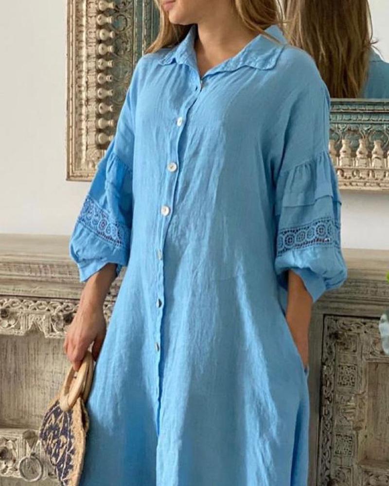 

Lace Patch Dip Hem Button Design Shirt Dress, Blue