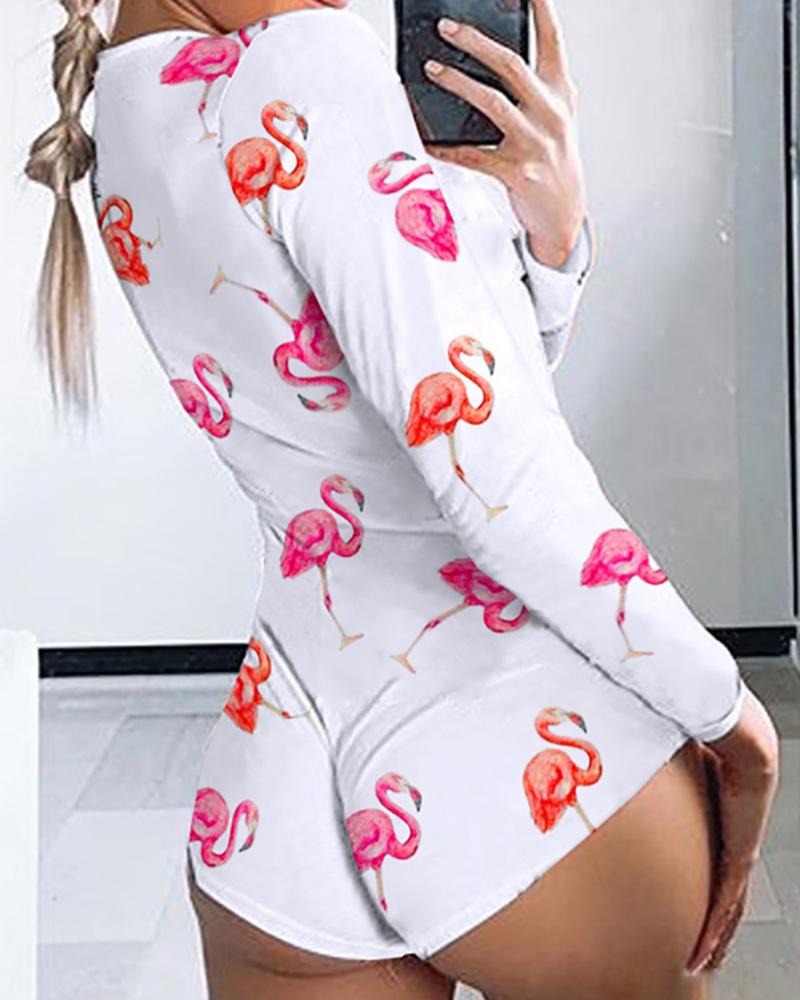 

Long Sleeve Flamingo Print Lounge Romper, White