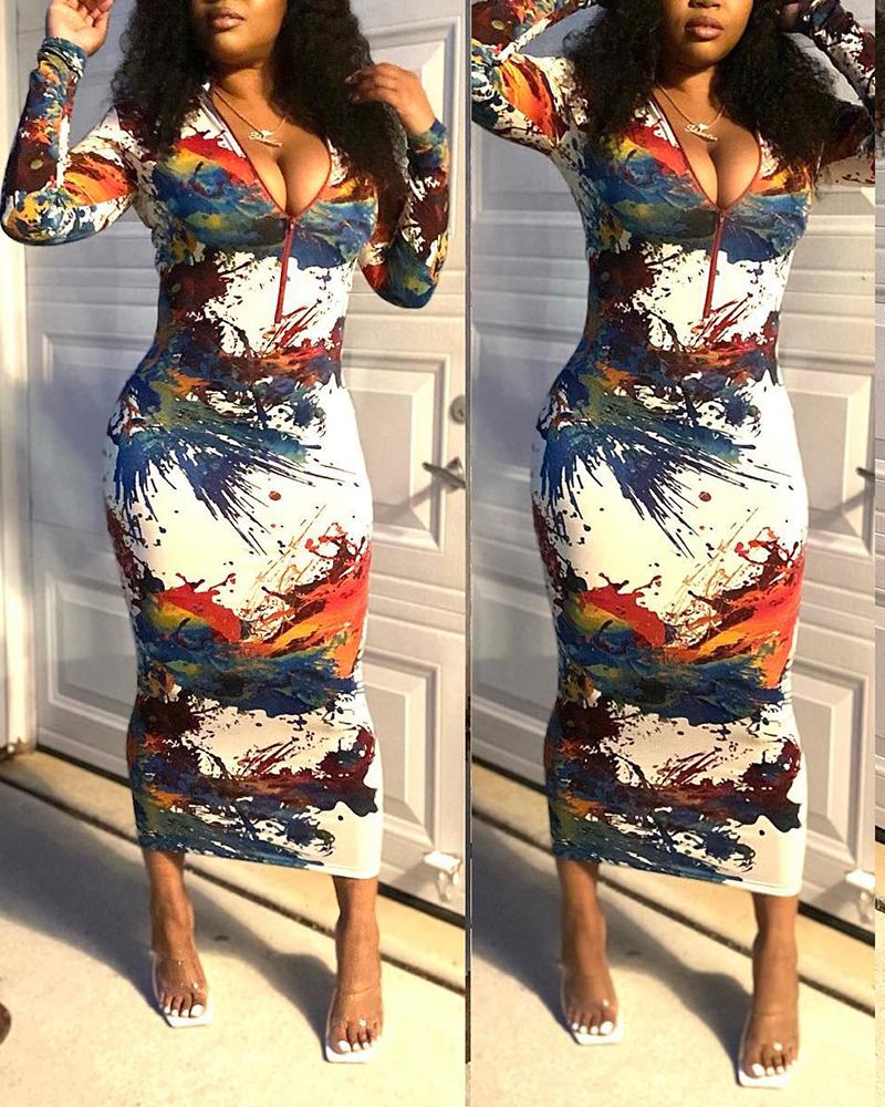 

Ink Splash Print Zipper Design Bodycon Dress, Multicolor