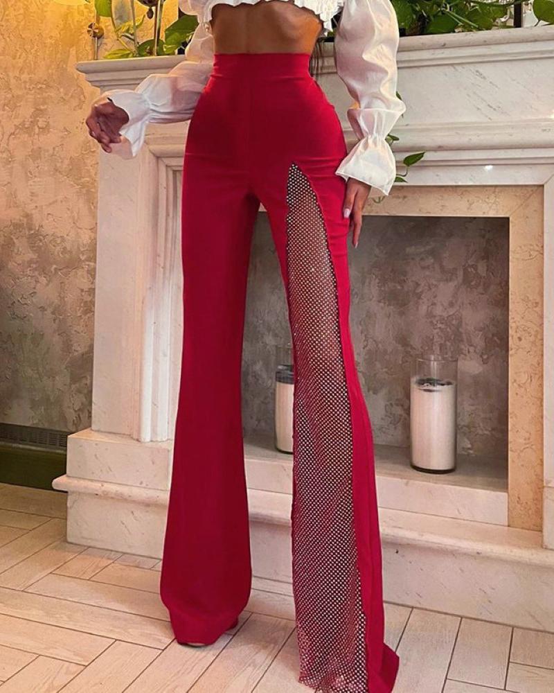 

Contrast Mesh Flared Leg High Waist Pants, Red