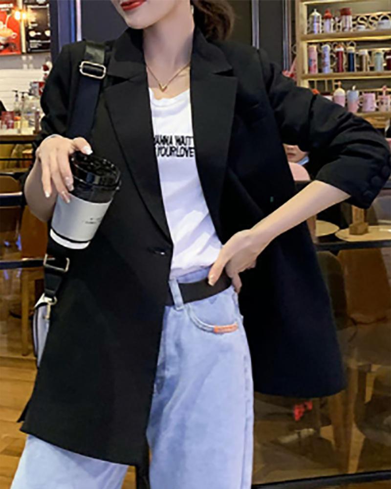 

Long Sleeve Button Decor Slit Trench Coat, Black