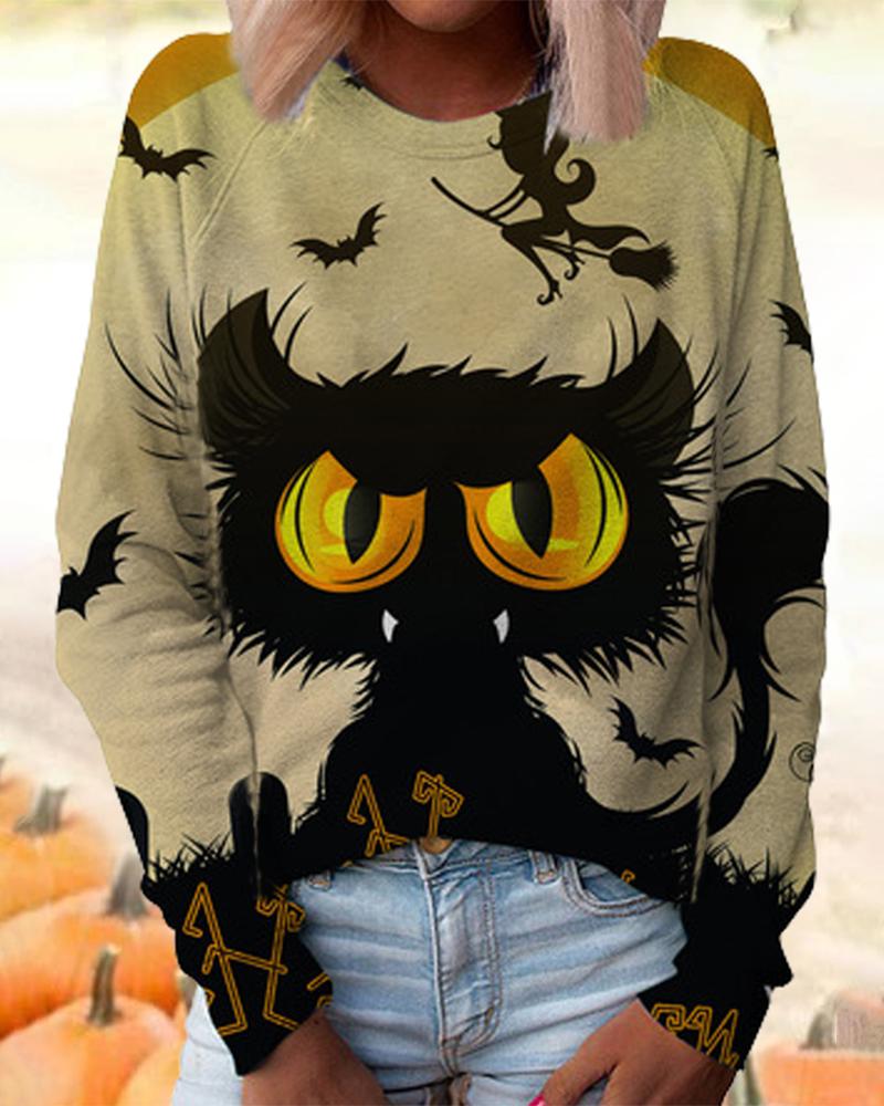 

Halloween Cat Print Long Sleeve Sweatshirt, Gray