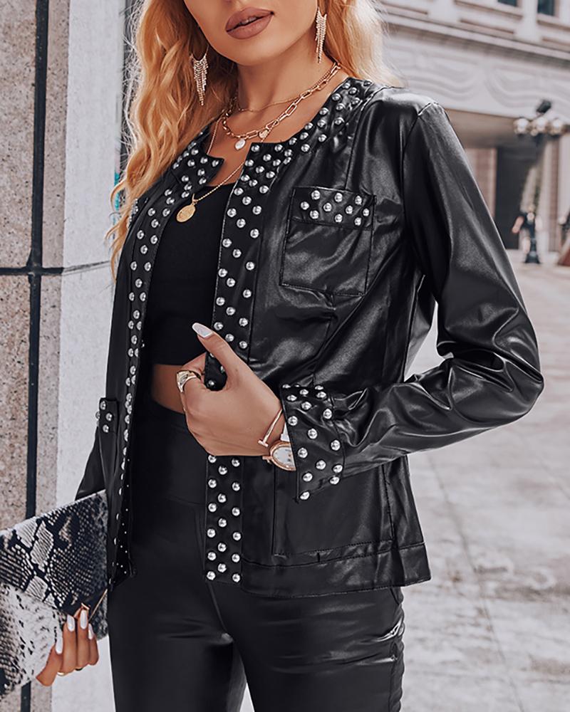 

Rivet Decor Pocket Design PU Leather Coat, Black