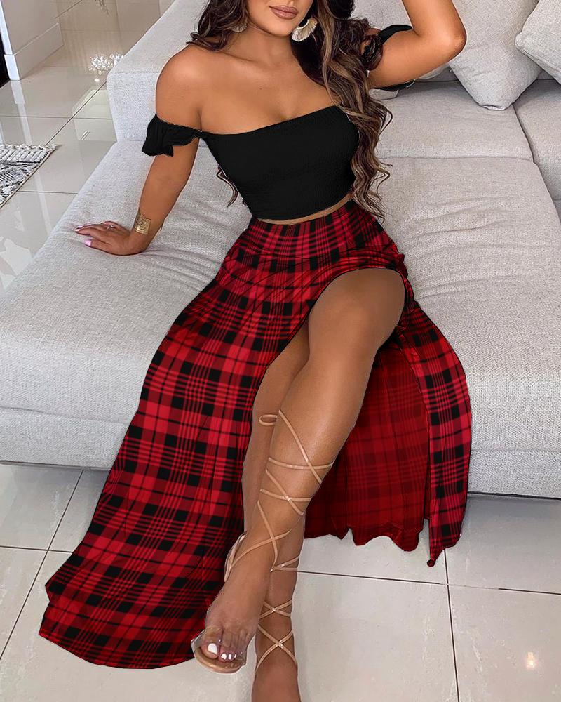 

Off Shoulder Crop Top & High Slit Plaid Maxi Skirt Set, Red