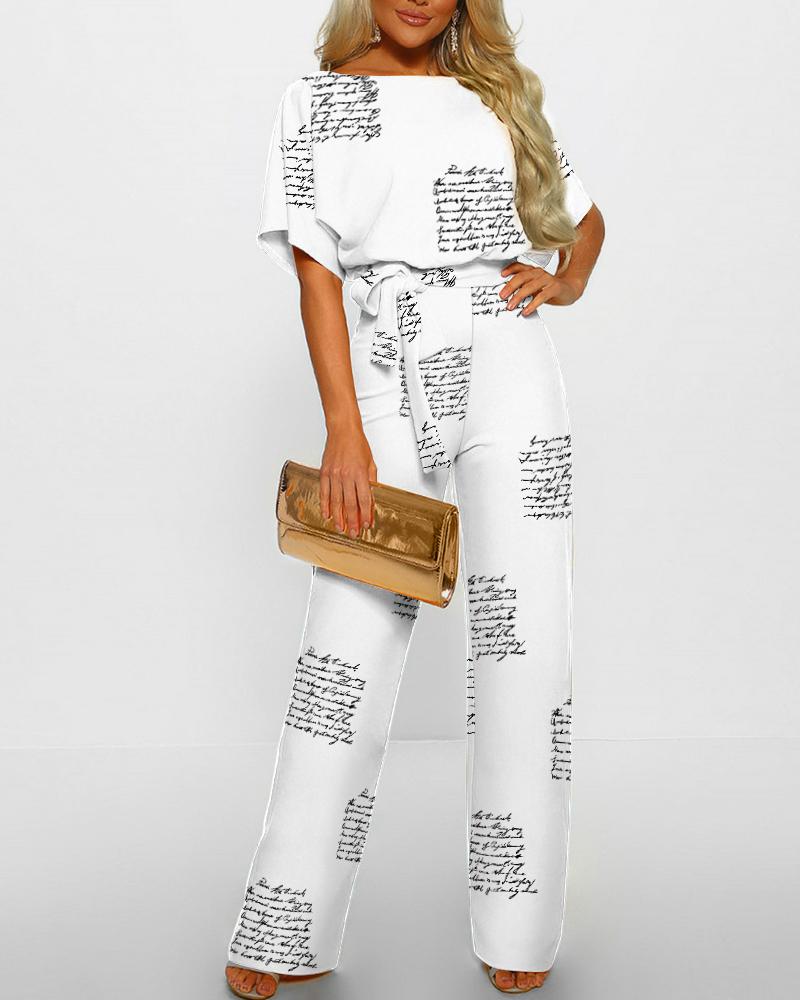 

Letter Print Batwing Sleeve Belted Jumpsuit, Blackwhite