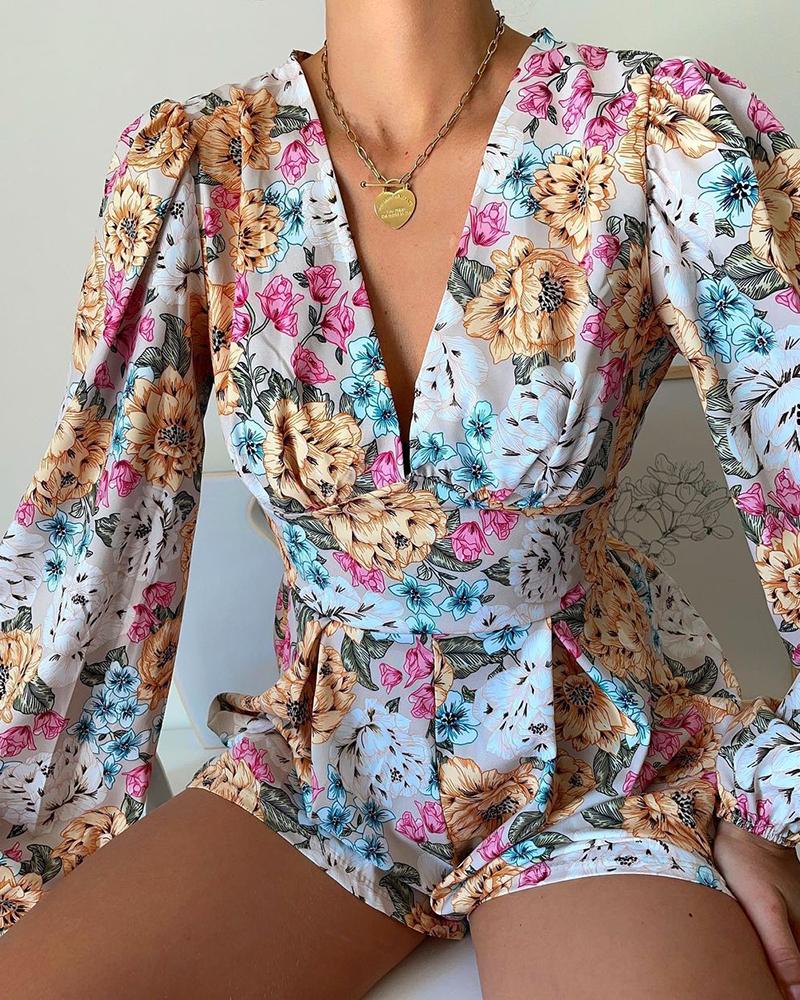 

Lantern Sleeve V-Neck Floral Print Romper, Apricot