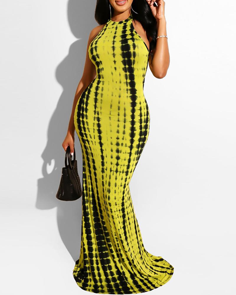 

Tie Dye Print Cutout Waist Sleeveless Maxi Dress, Yellow