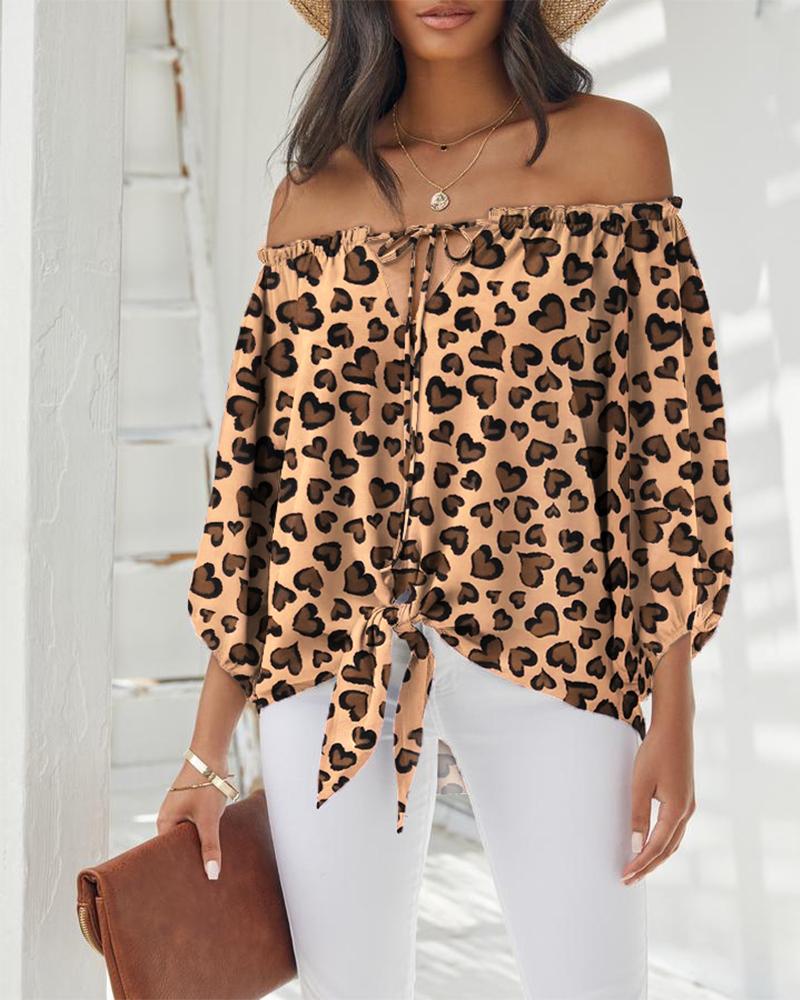 

Off Shoulder Leopard Print Frill Hem Long Sleeve Top