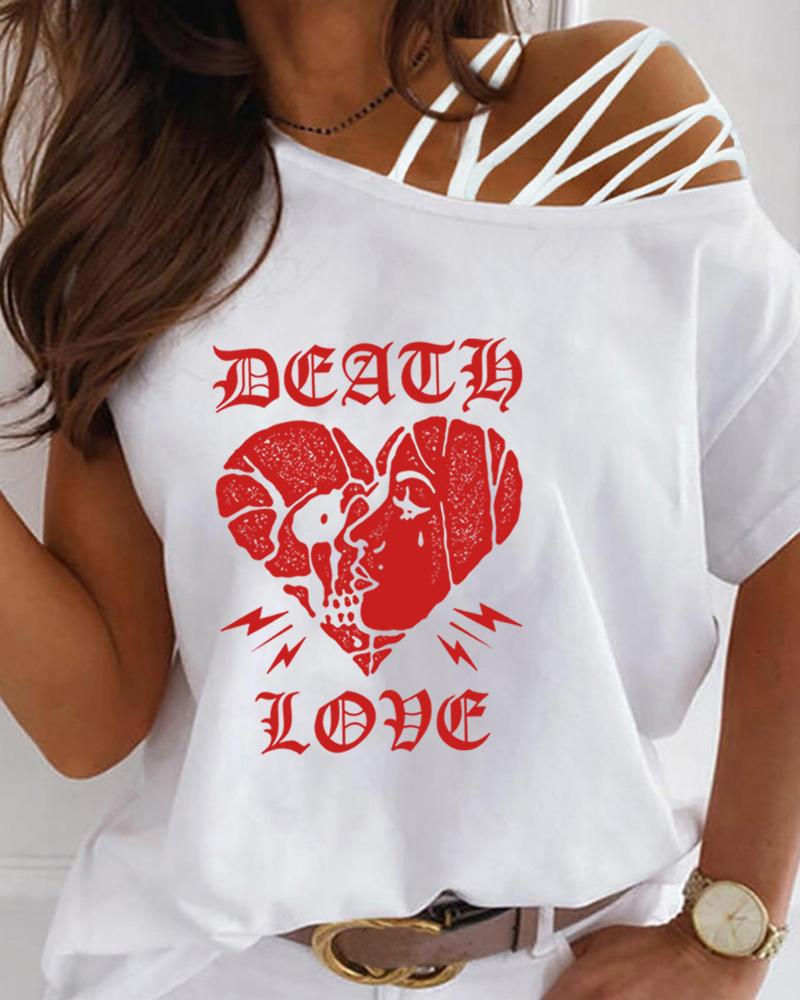 

Print Heart & Letter Cami Slash Neck T-shirt, White