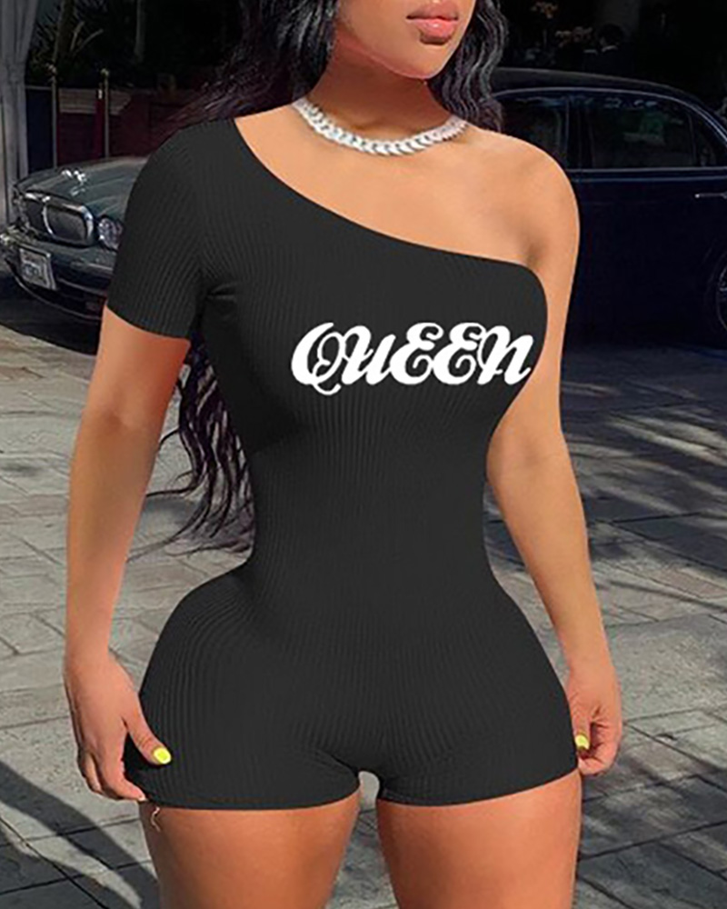 

One Shoulder Letter Print Romper, Black