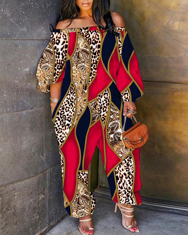 

Plus Size Baroque Leopard Print Off Shoulder Jumpsuit, Red