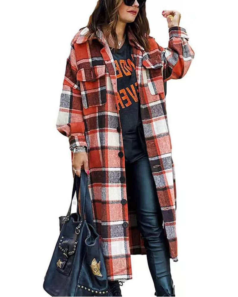 

Plaid Print Lantern Sleeve Longline Shacket, Orange
