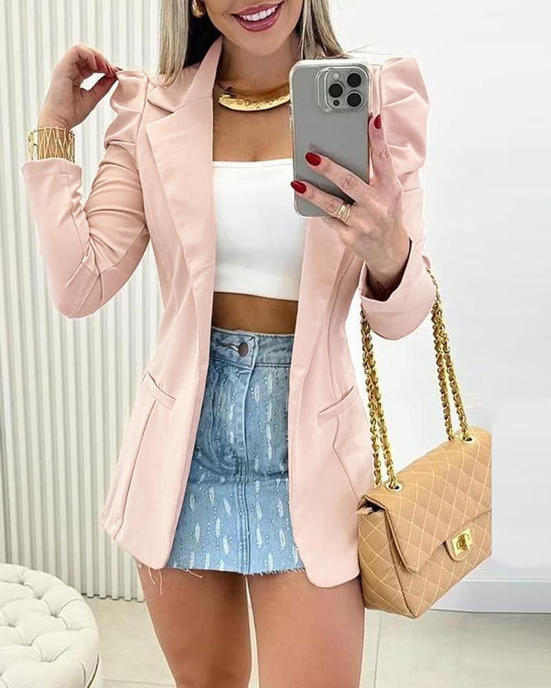 

Blazer à col cranté et manches bouffantes, coupe slim, ouvert sur le devant, manteau élégant, Apricot