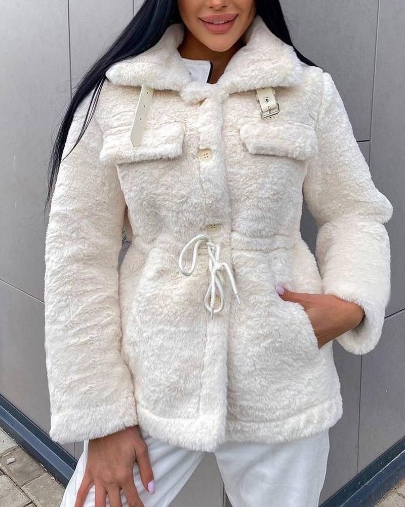 

Button Design Belted Decor Drawstring Waist Fuzzy Coat, White