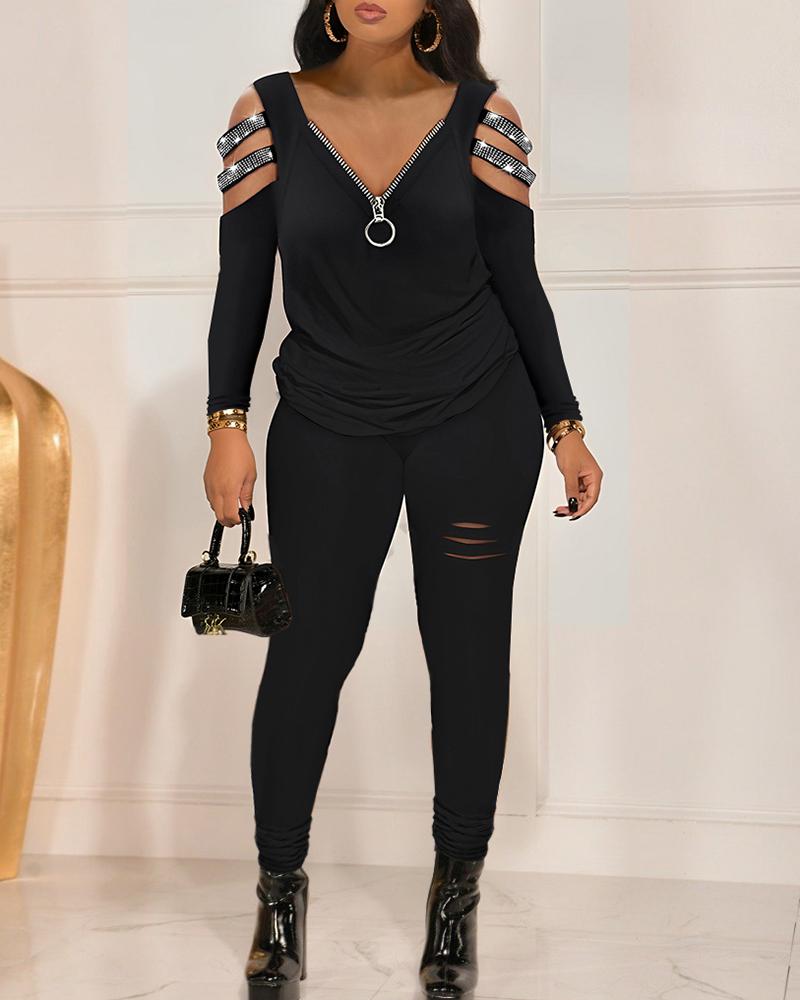 

Cold Shoulder Rhinestone Top & Ladder Cutout Pants Set, Black