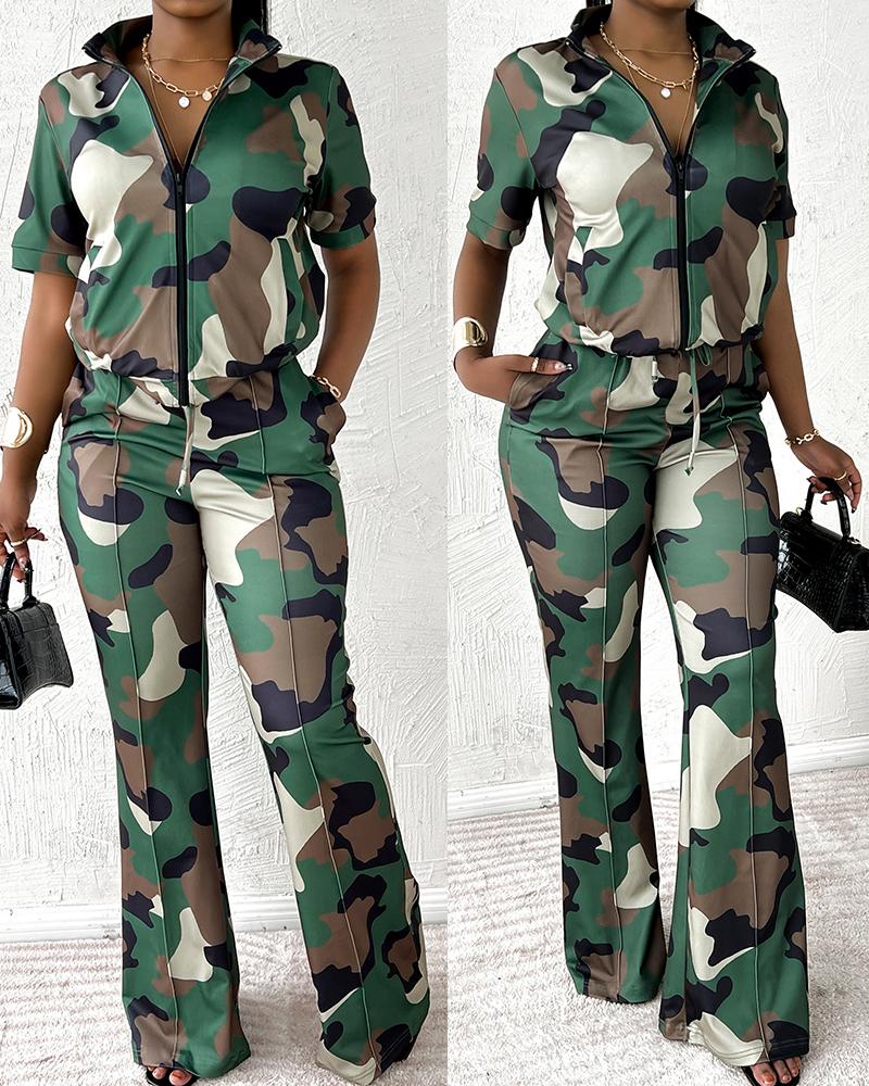 

Camouflage Print Zip Up Top & Drawstring Pants Set, Camoflage