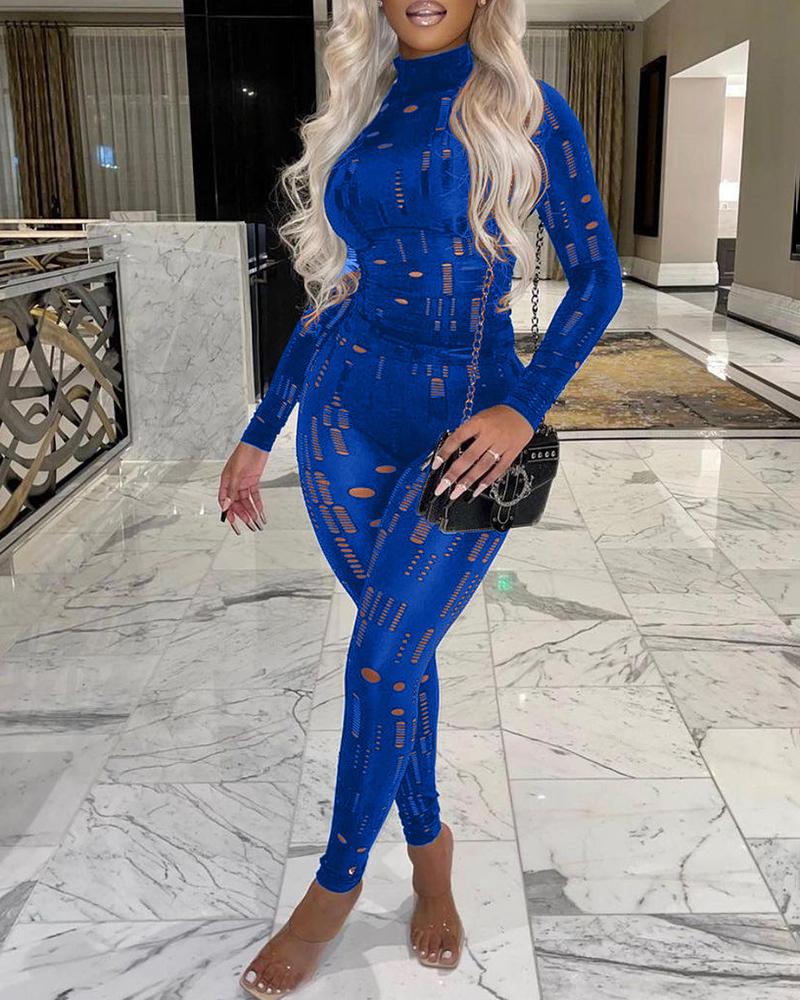 

Knit Cutout Mock Neck Top & High Waist Pants Set, Blue