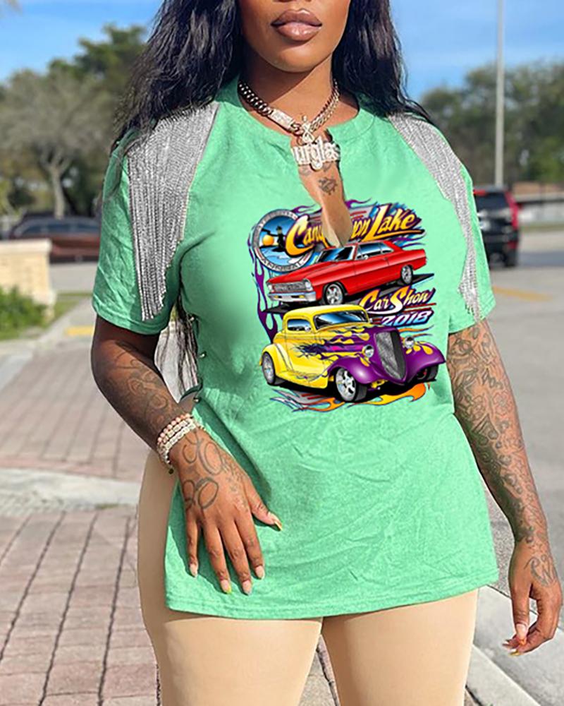 

Letter Car Print Tassel Decor Slit T-shirt, Green