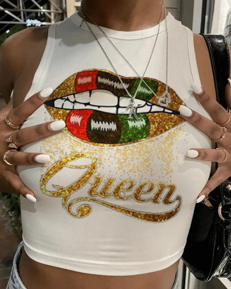 

Letter Print O-Neck Tank Top, White