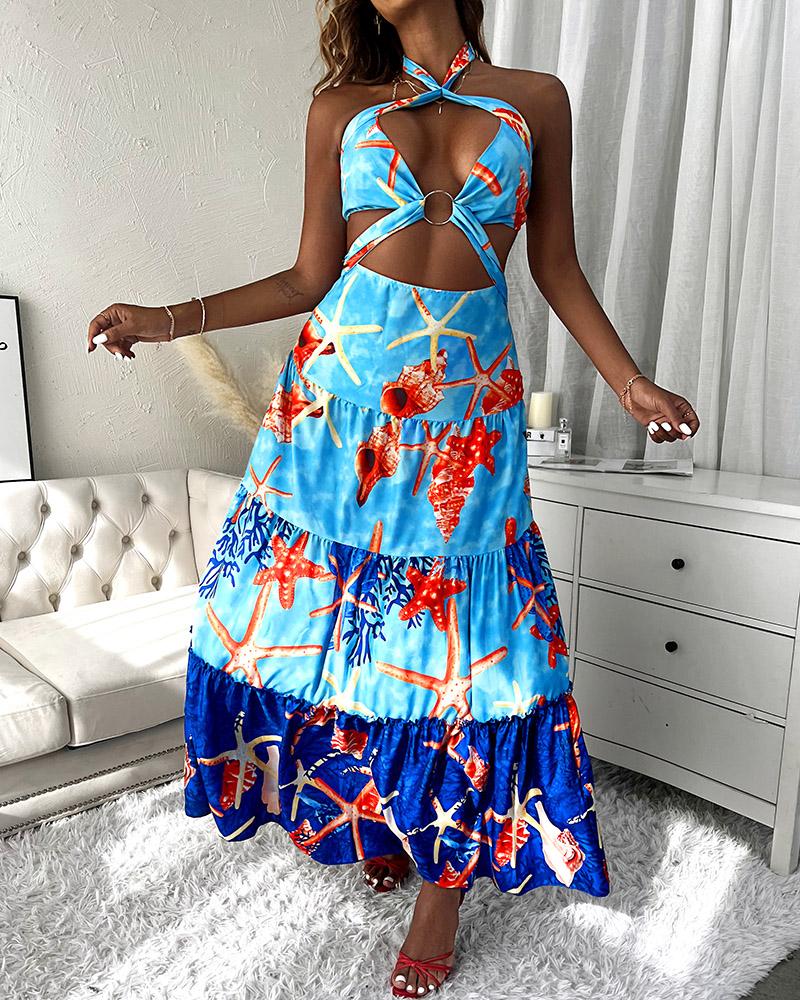 

Starfish Print Cutout O-Ring Decor Halter Dress, Blue