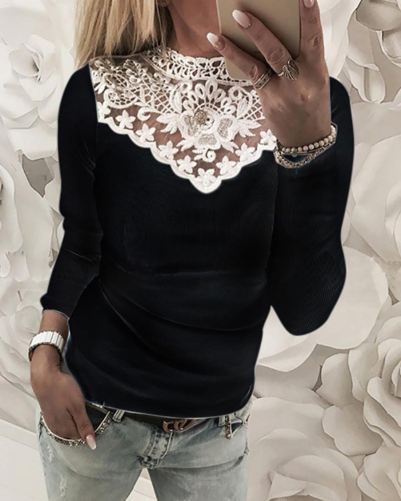 

O Neck Guipure Lace Patch Long Sleeve Top, Black