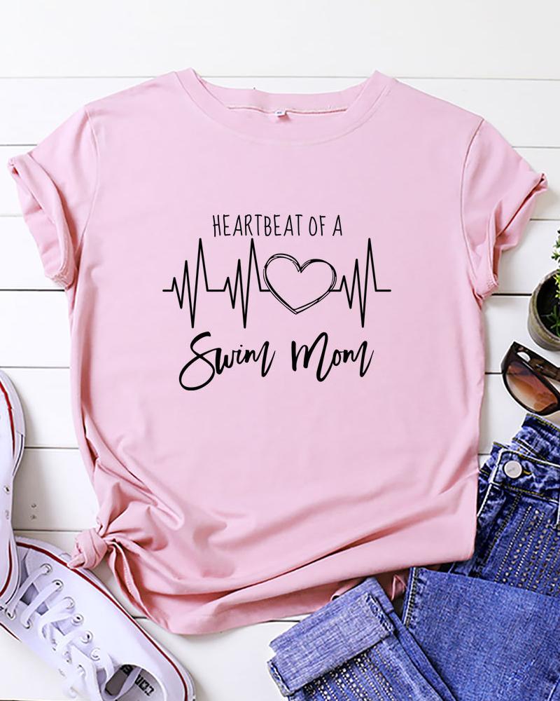 

Letter Heart Print Short Sleeve T-shirt, Pink