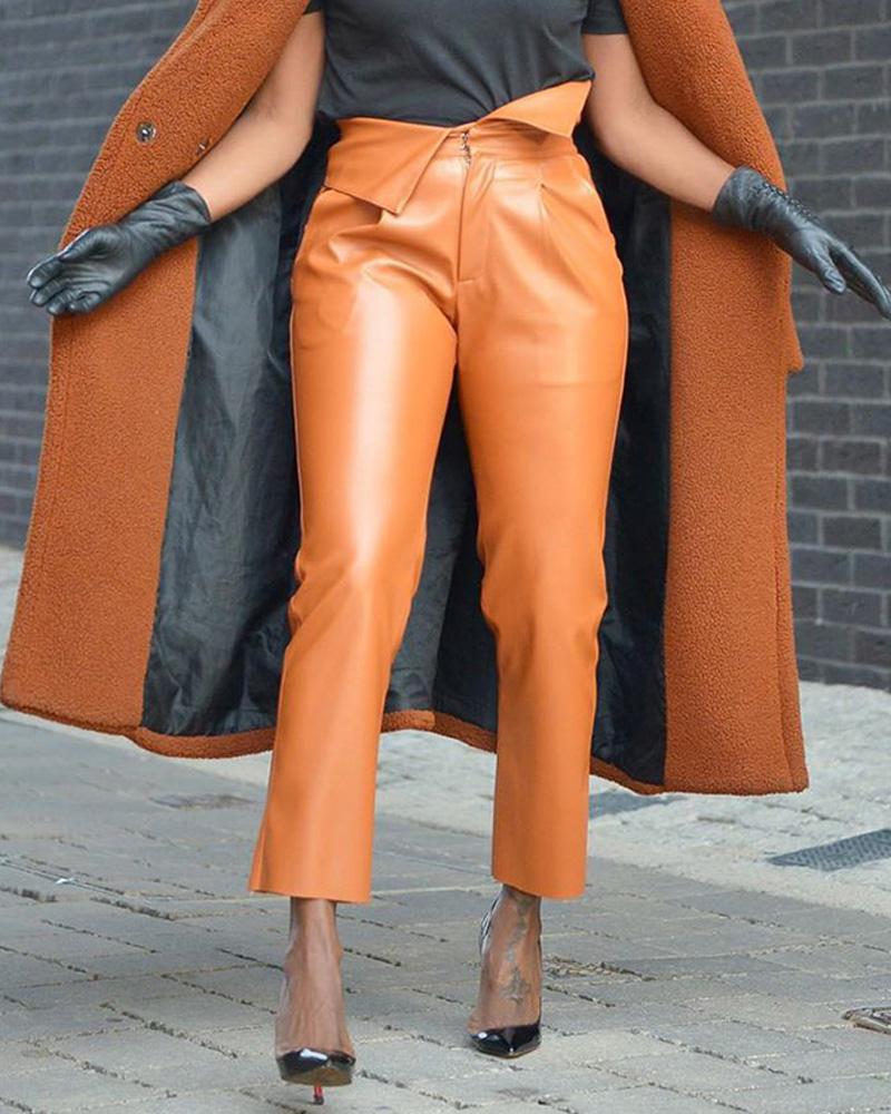 

High Waist PU Leather Bootcut Pants, Brown