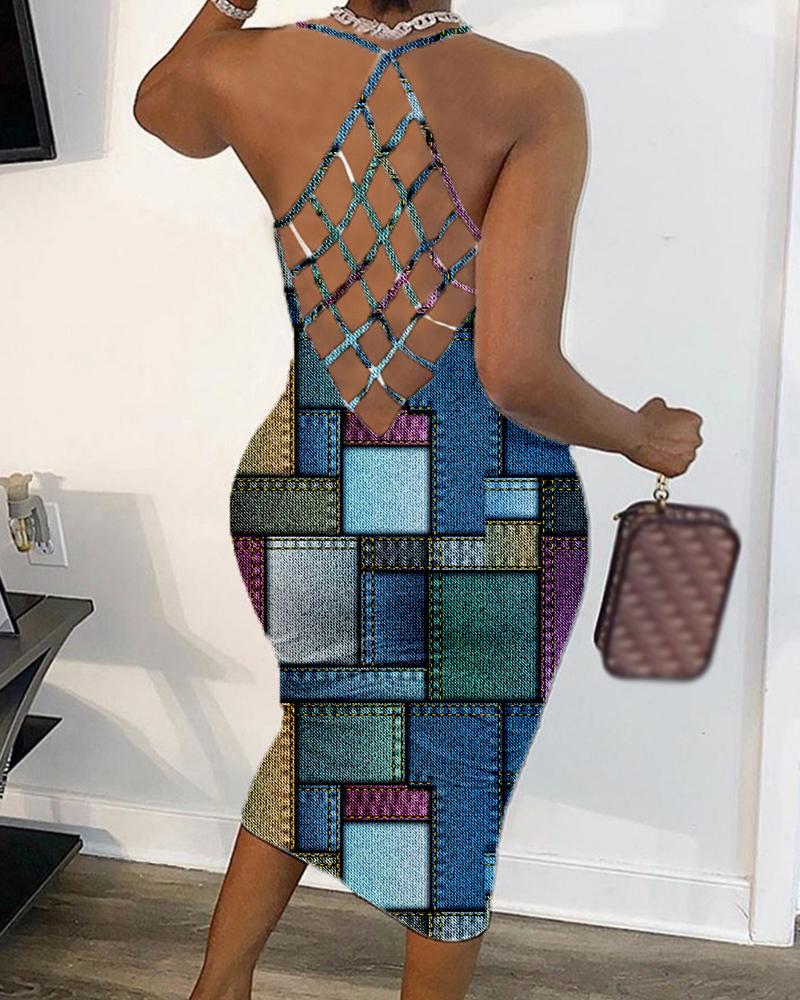 

Denim Look Print Fishnet Backless Bodycon Dress, Blue