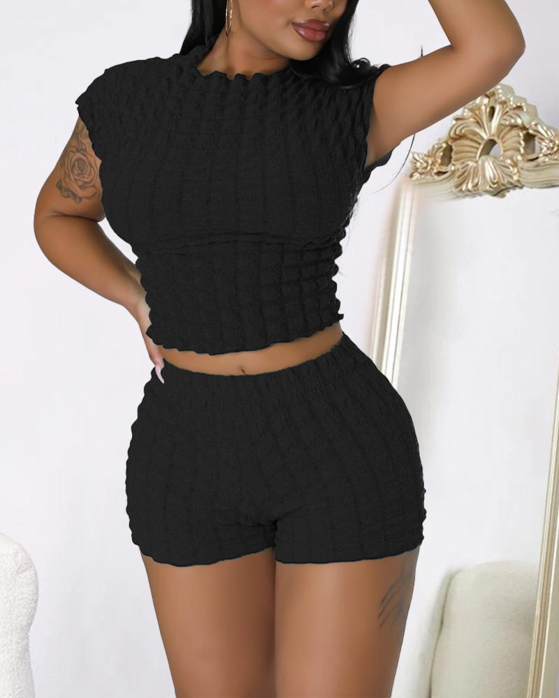 

Cap Sleeve Crop Textured Top & High Waist Shorts Set, Black