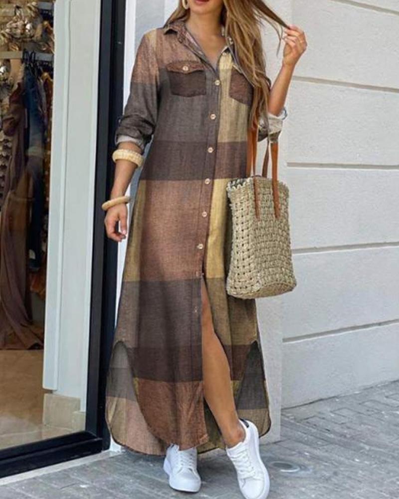 

Retro Pattern Print Long Sleeve Loose Button-up Dress, Style4