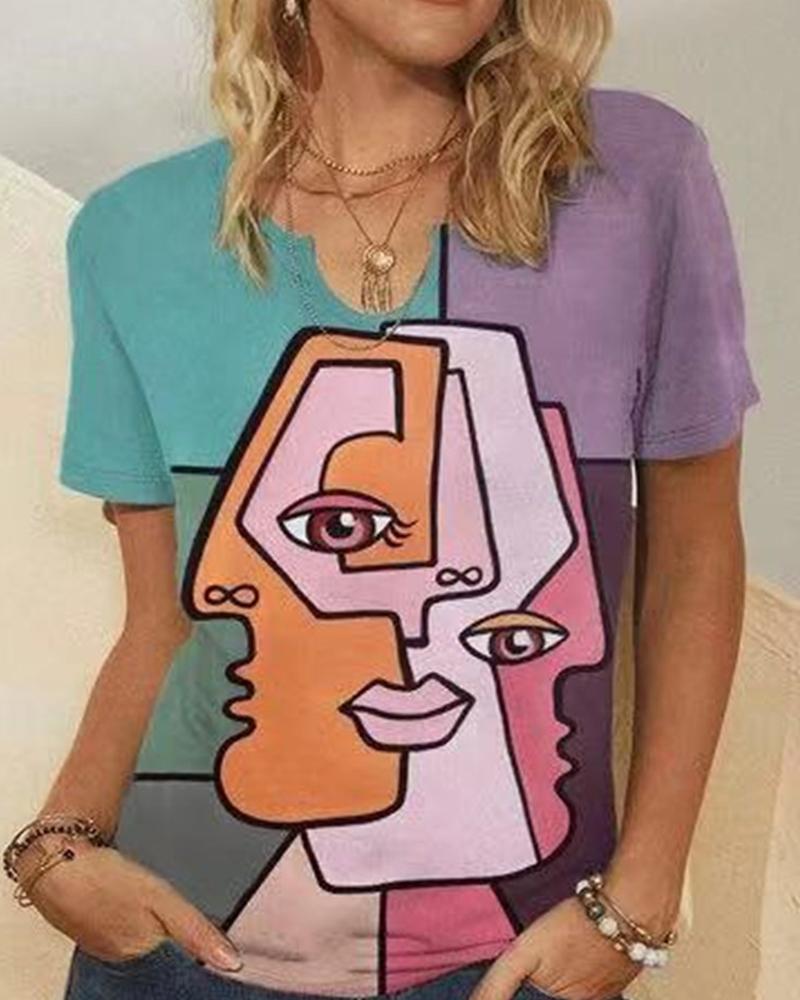 

Abstract Figure Print Short Sleeve Loose T-shirts, Multicolor