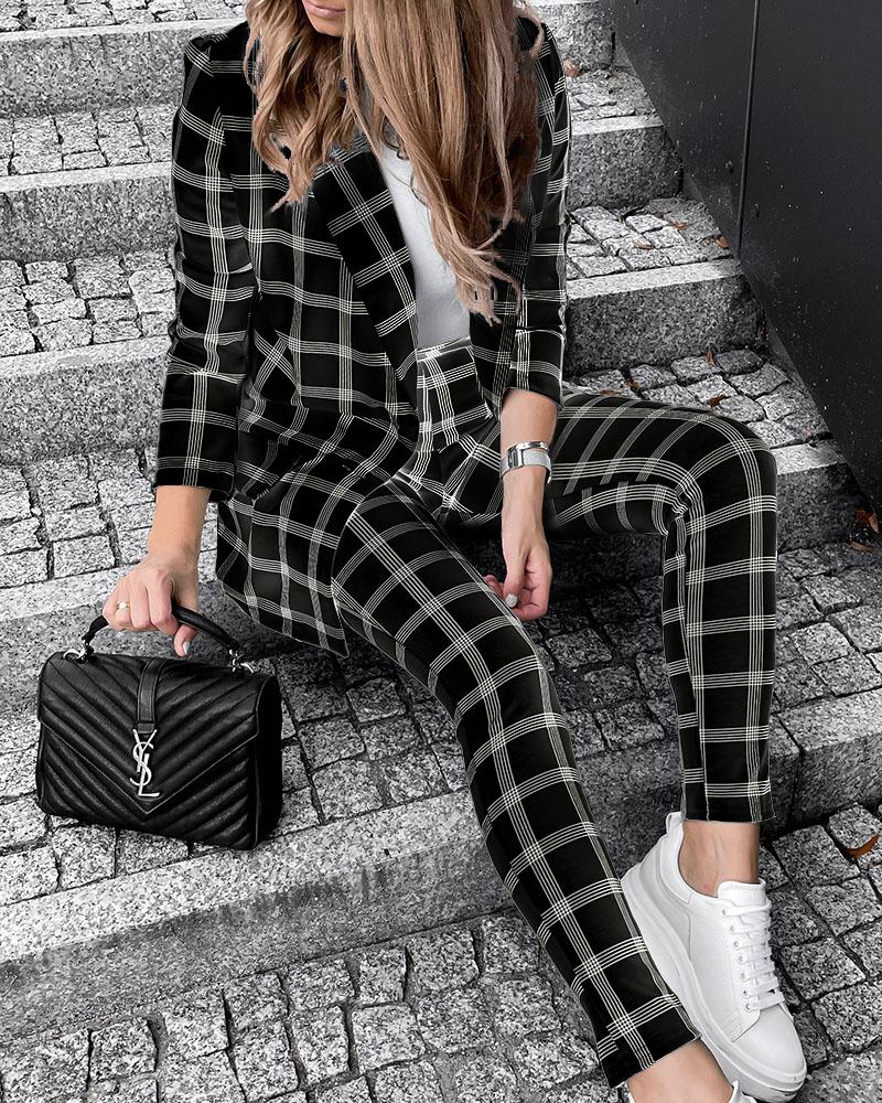 

Long Sleeve Plaid Print Blazer Coat & Pants Set, Black