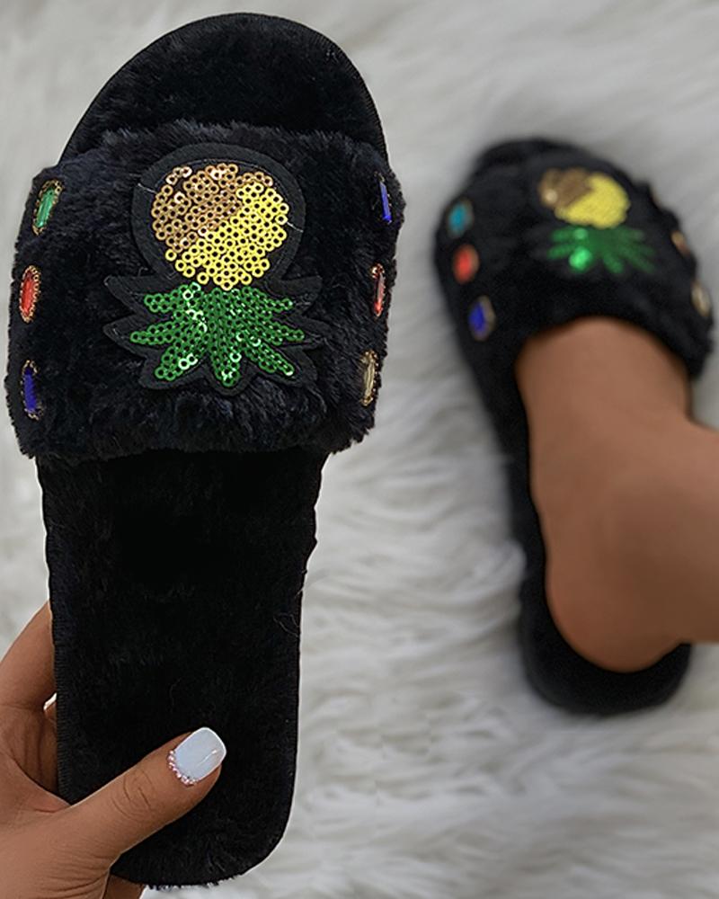 

Pineapple Pattern Rhinestone Fluffy Slippers, Black