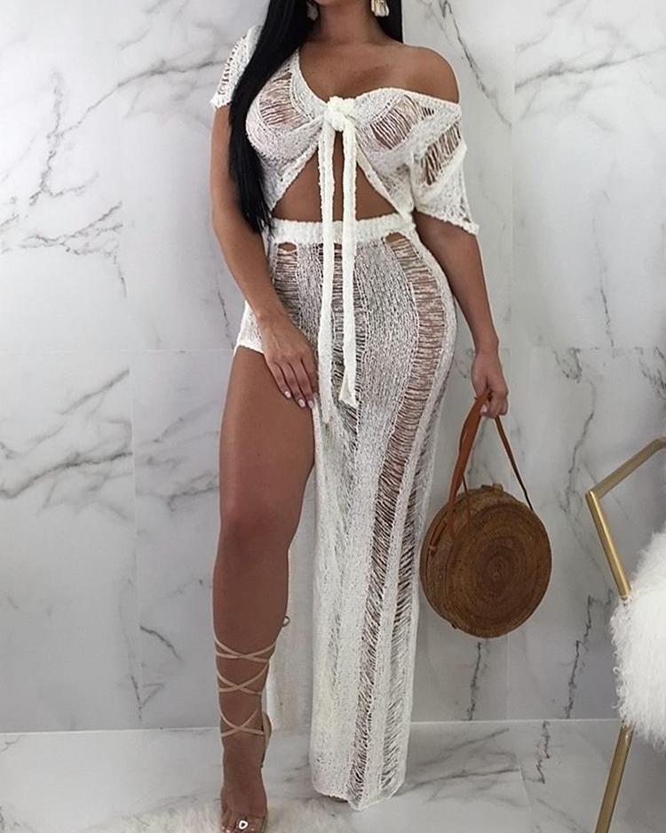 

Ripped Knit Crochet Tie Front Top &Slit Skirt Sets, White