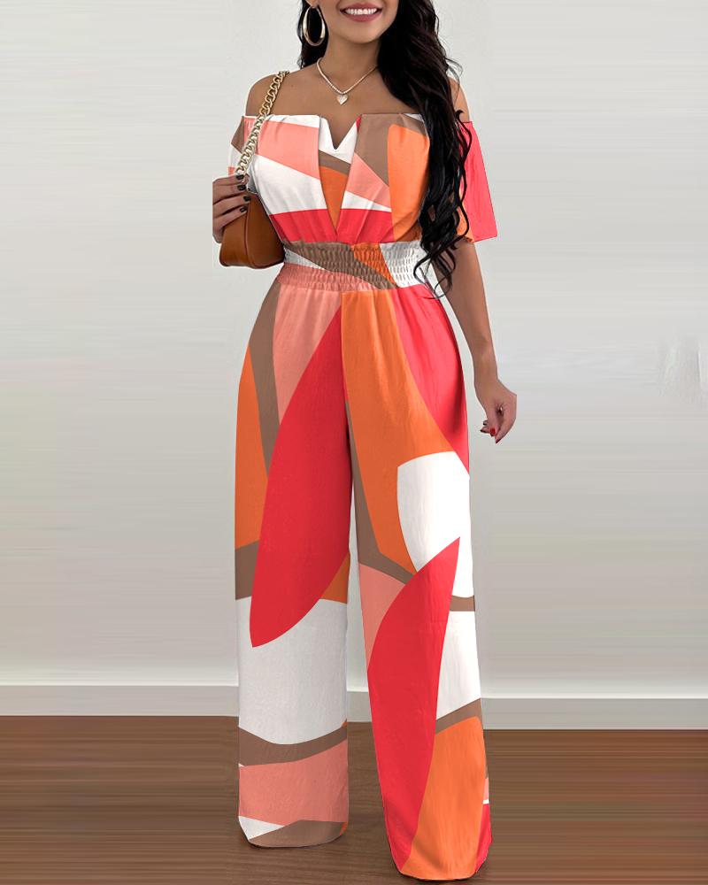 

Geometric Print Off Shoulder Shirred Waist Jumpsuit, Multicolor