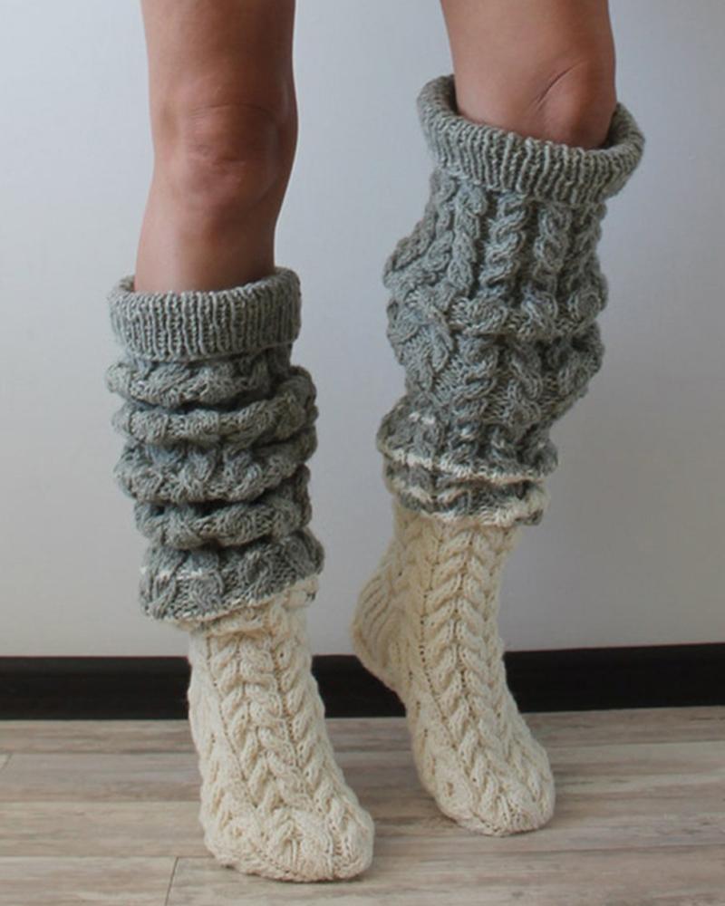 

1Pair Colorblock Cable Knit Over The Knee Leg Thigh Winter Socks, White