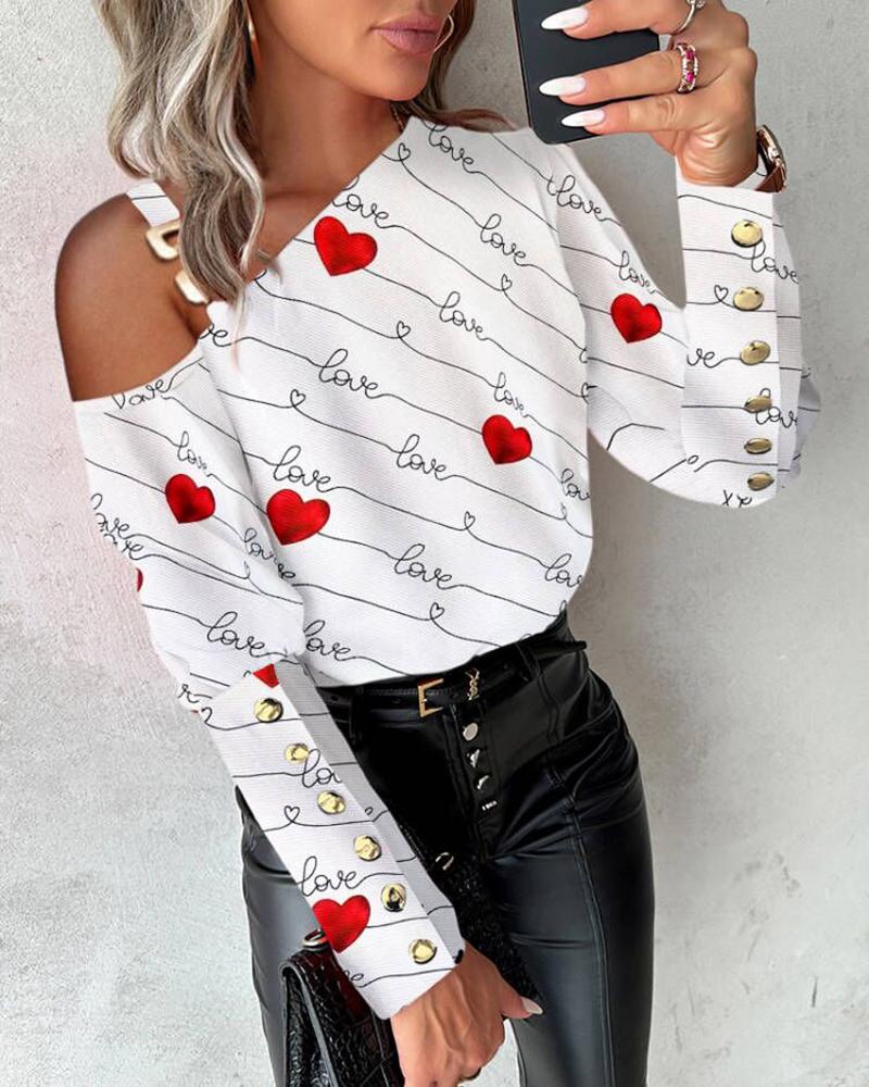 

Heart Love Print Chain Decor Top, White