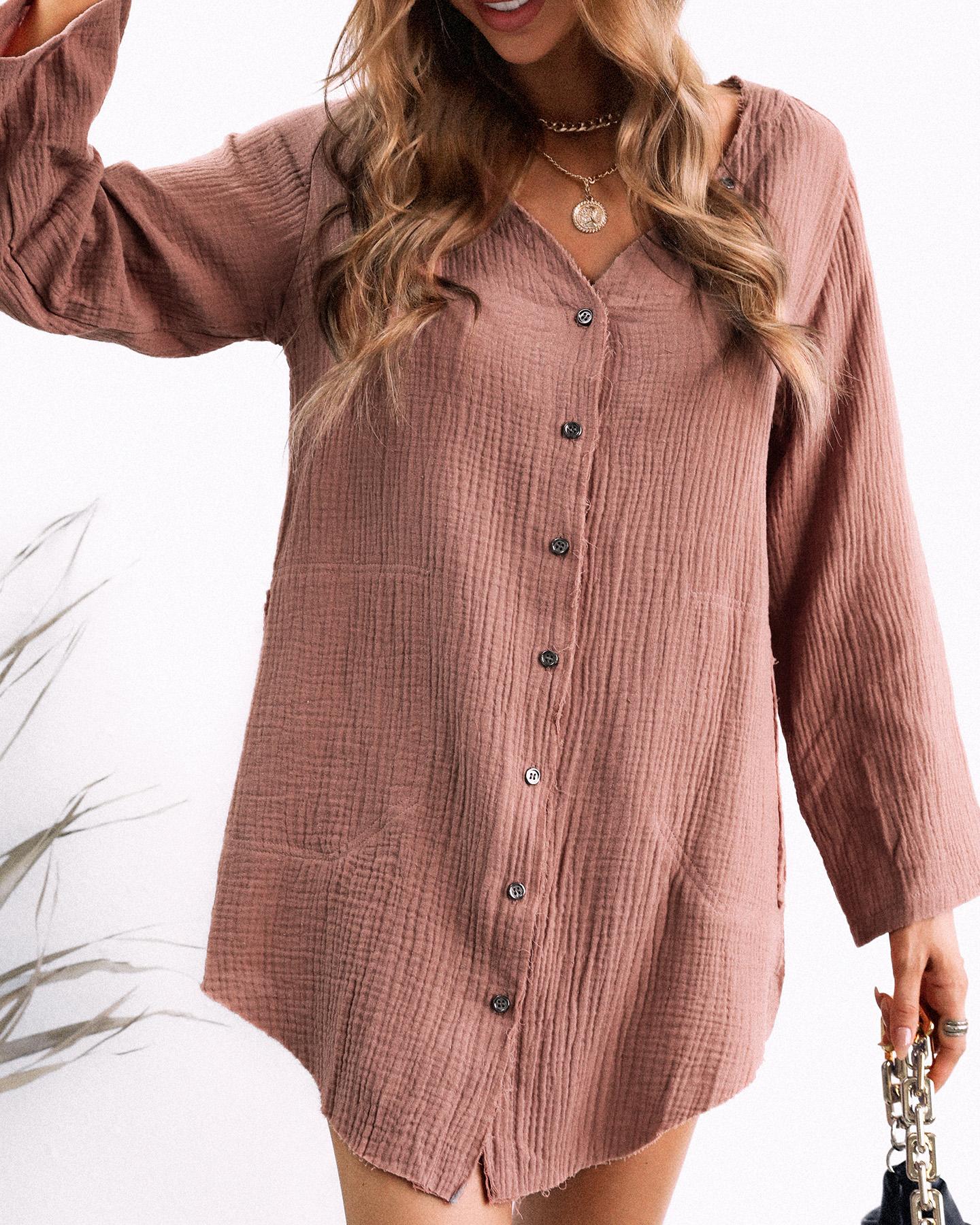 

Button Design Long Sleeve Shirt, Brown