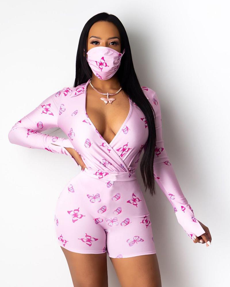 

Butterfly Print Long Sleeve Top & Shorts Set, Pink