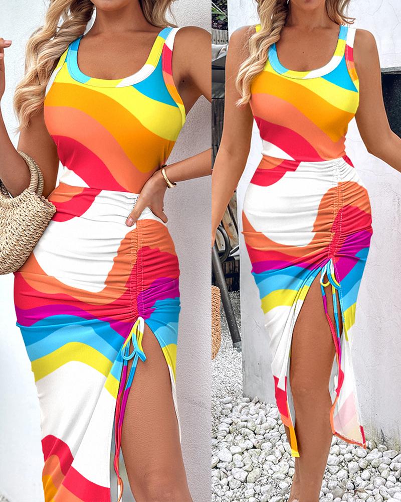 

Rainbow Stripe Print Drawstring High Slit Casual Dress, Multicolor