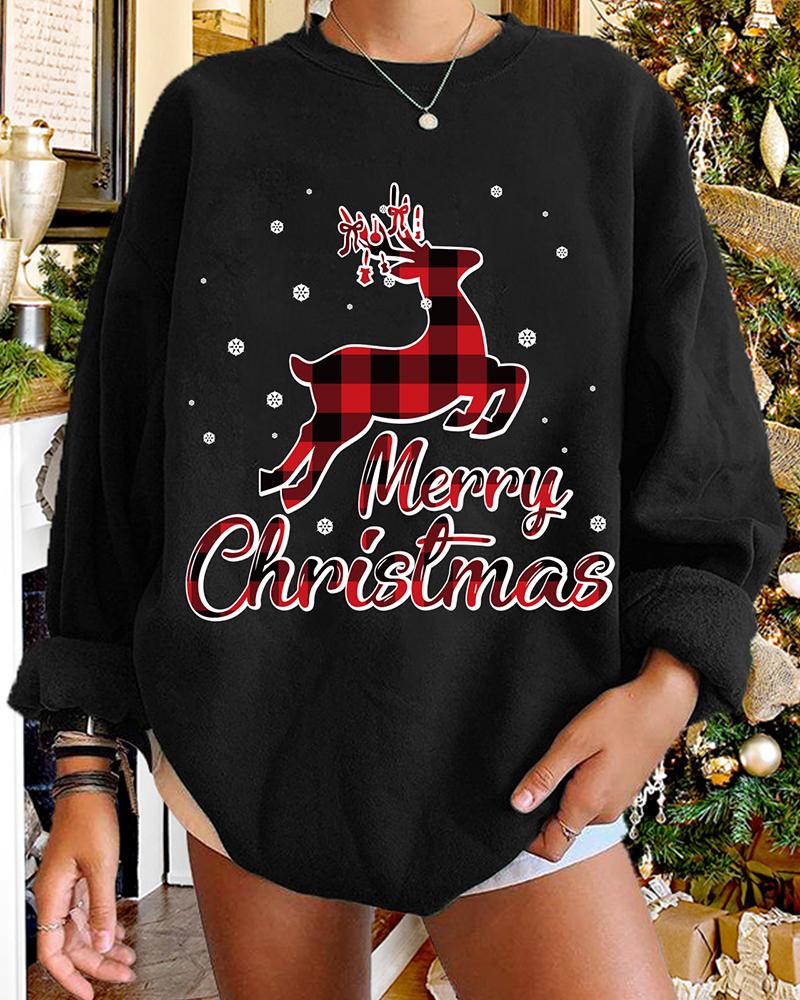 

Christmas O-neck Plaid Elk Print Sweatshirt, Red