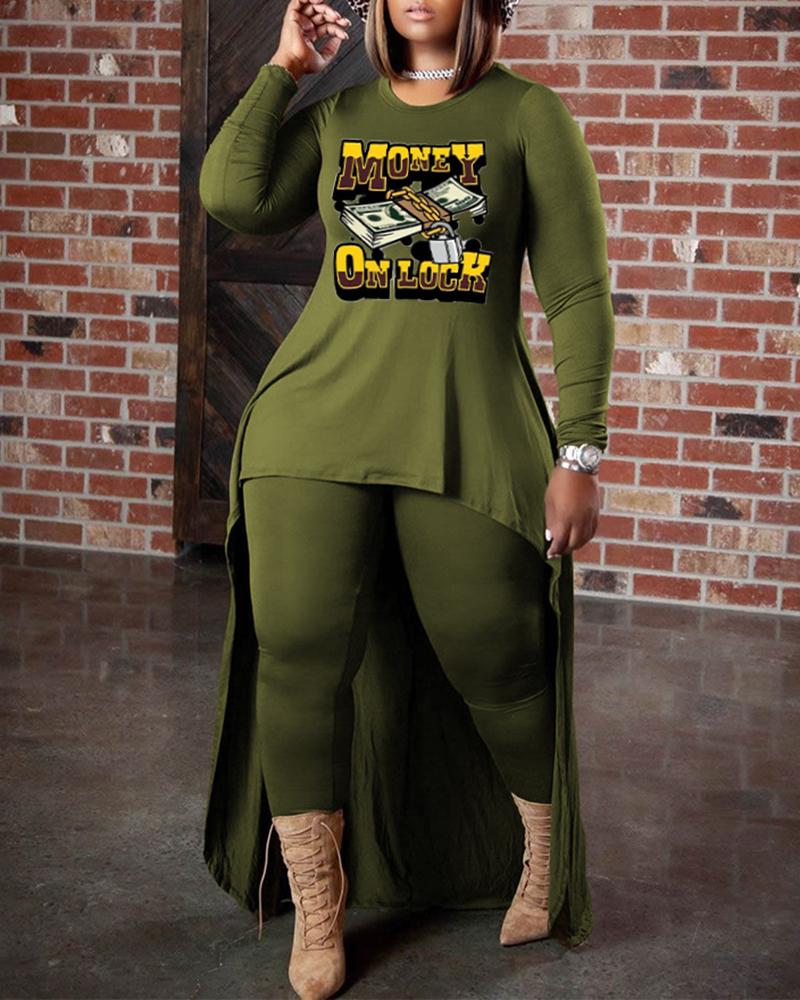 

Plus Size Money On Lock Graphic Print Asymmetrical Hooded Top & Pants Set, Green