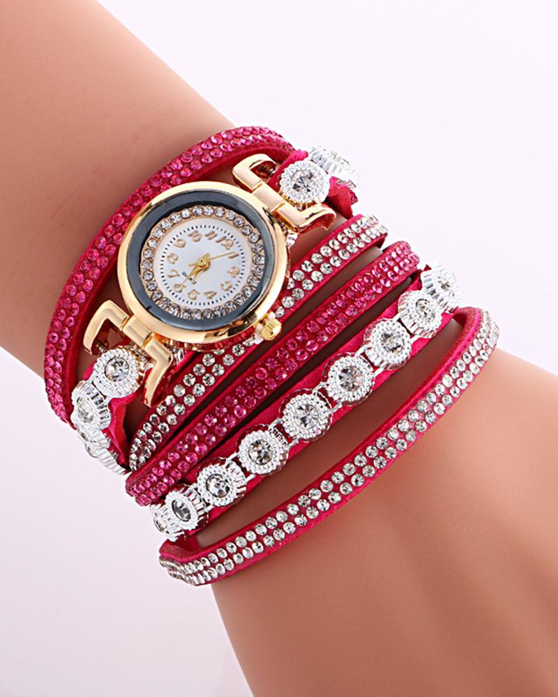 

1pc Allover Rhinestone Stackable Bangle Quartz Watch, Hot pink