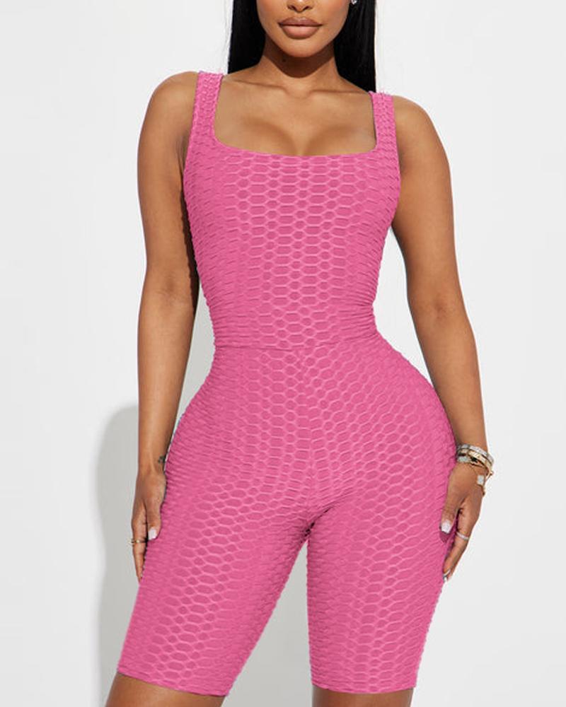 

Square Neck Bubble Textured Active Romper, Pink