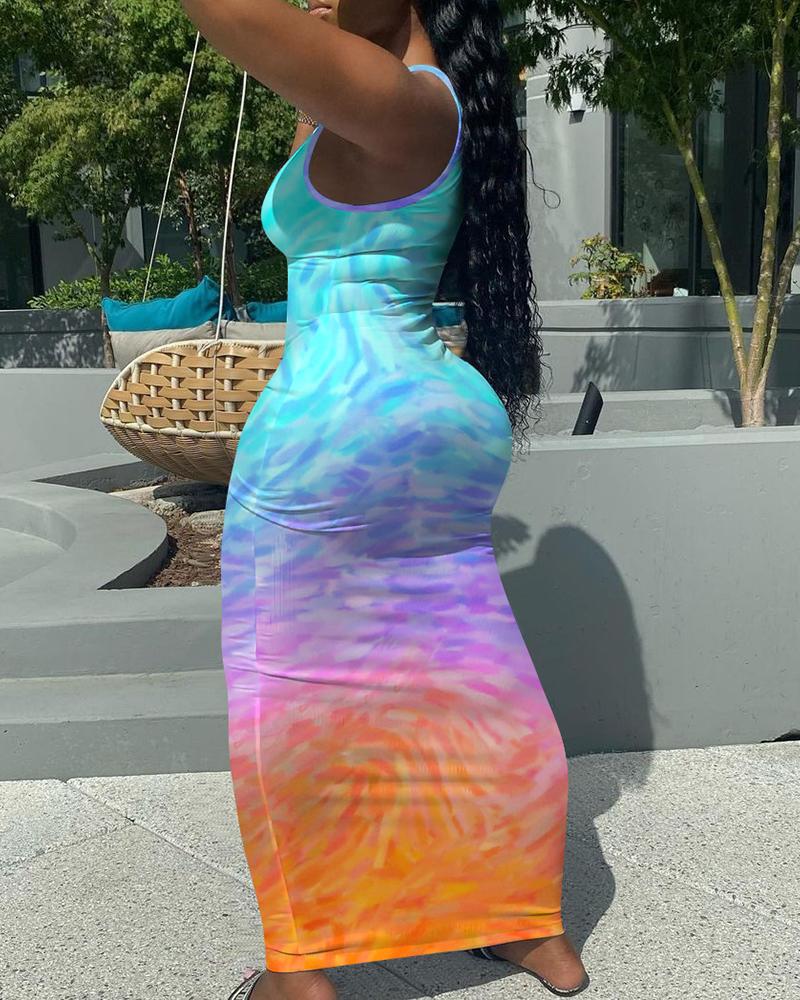 

Tie Dye Print U-Neck Sleeveless Maxi Dress, Blue