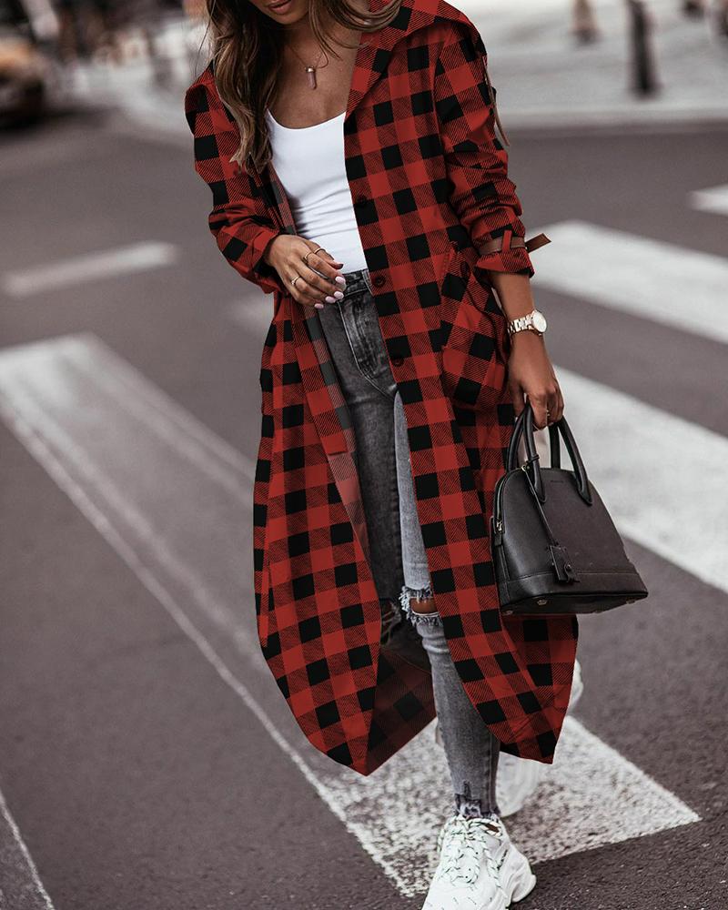 

Button Front Plaid Print Pocket Design Long Sleeve Coat, Red